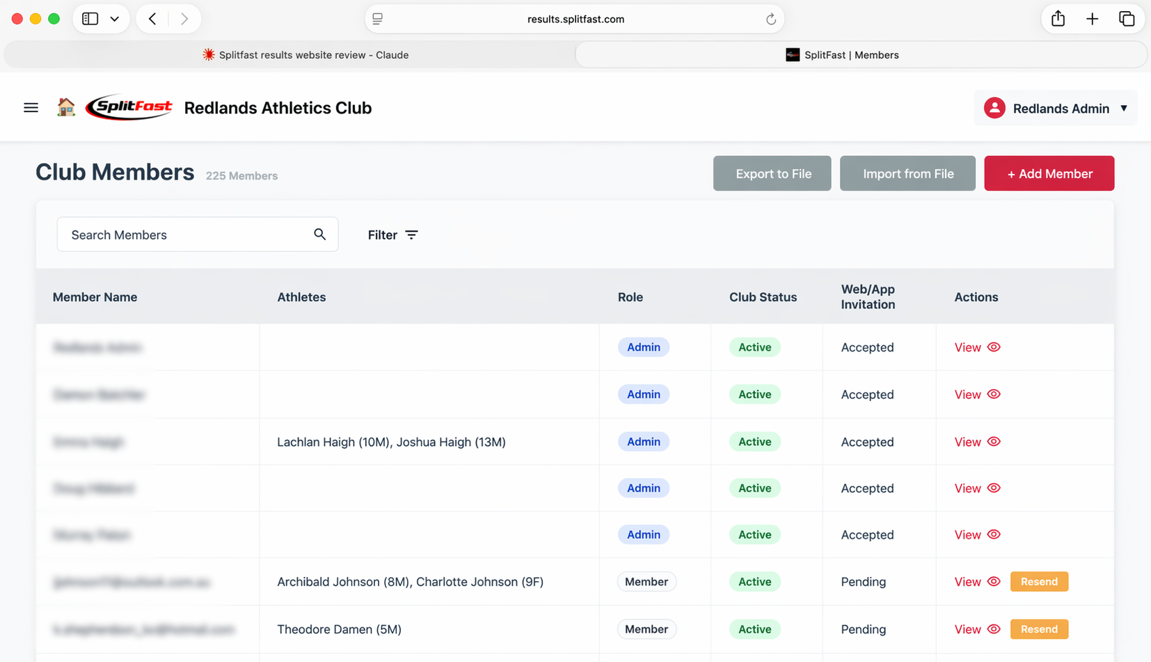 SplitFast Results Portal Club Members list